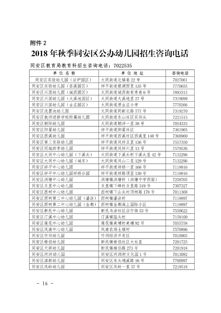 同安區(qū)幼兒園電話(huà)